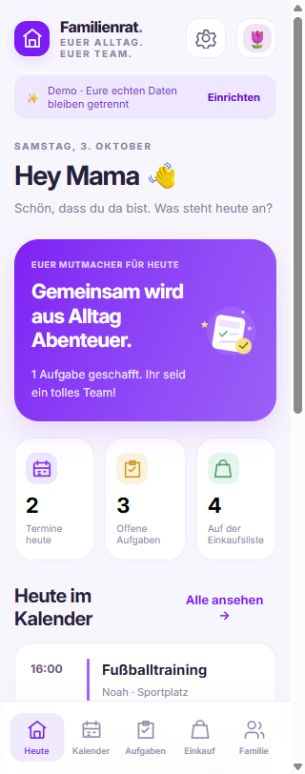 Familienrat App: freundliche Übersicht mit Kalender, Aufgaben und Einkaufsliste im Demo-Modus